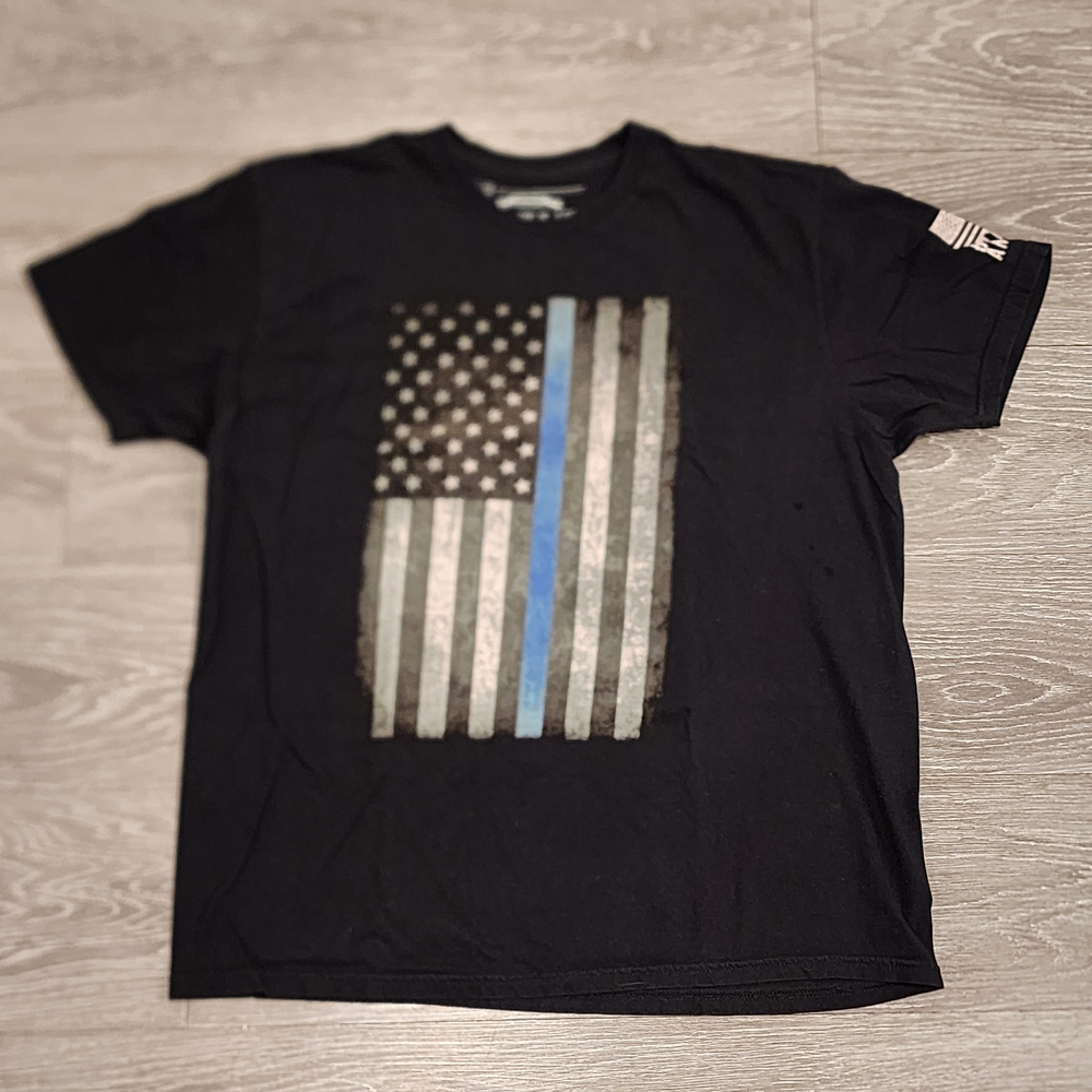 Men's Brothers & Arms Black T-Shirt with American Flag Design, Blue Stripe, XL